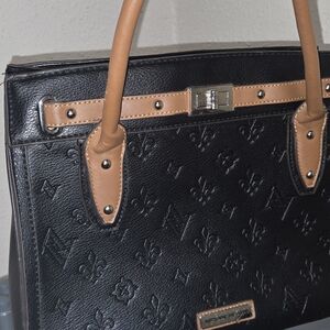 Adrienne Vittadini Black and Tan Structured Satchel with Gold Hardware